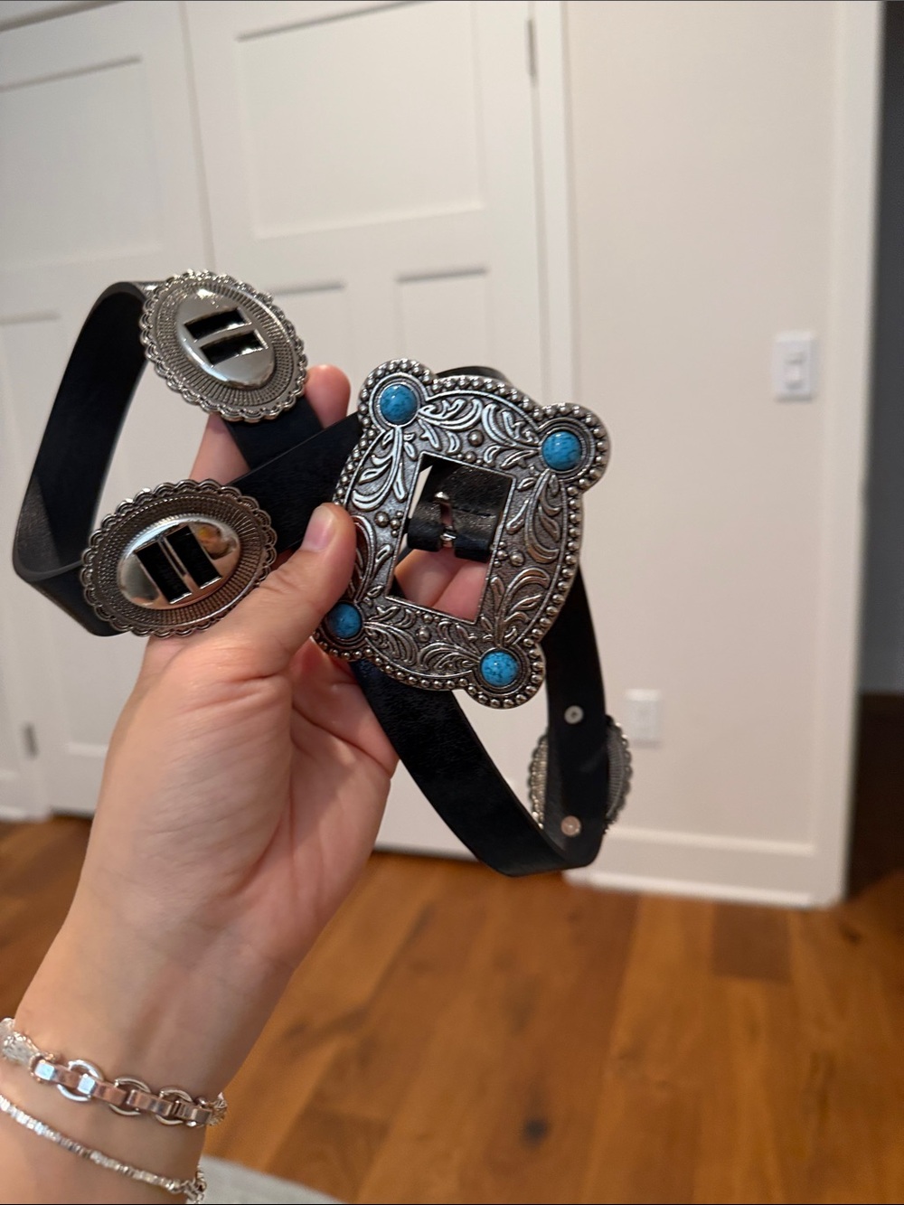 Buckle Black Western-Style Belt with Silver Concho